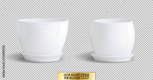 Vector set of realistic isolated white flower pot on transparent background. 3d illustration