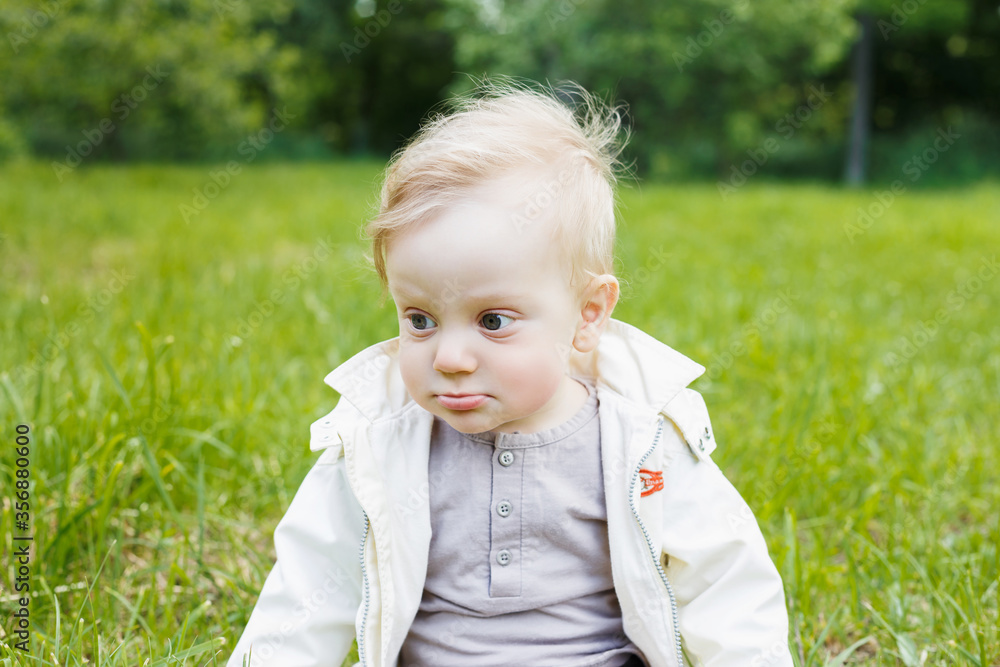 Portrait of a little white caucasian boy. On a summer day, a child sits on the grass in a park. Portrait of a little white caucasian boy. On a summer day, a child sits on the grass in a park.