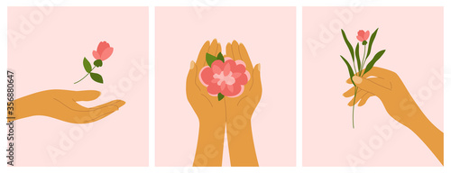 Set of cards with female hands holding flowers. Banners with decorative elements on pink background, blooming rose or peony. Elegant floral posters with buds and branch of flower. Vector illustration