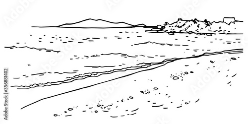 Seaside landscape. Hand drawn vector sketch ink illustration. Black on white background