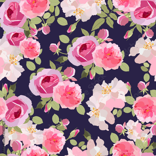 English pink roses vectors wallpaper seamless pattern on dark blue background