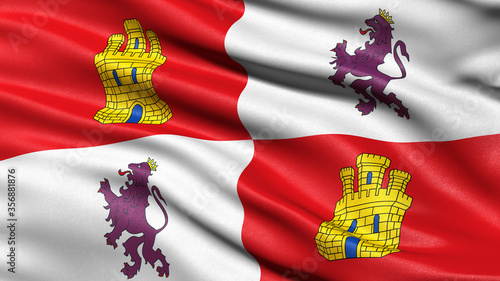 Flag of Castile and Leon waving in the wind. 3D illustration.