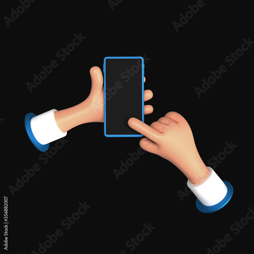 3d render of a smartphone held in one hand while another hand taps the screen. Rendered for design mockups (ID: 356882007)