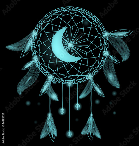 vector illustration dark blue colored image of dreamcatcher moon with feathers