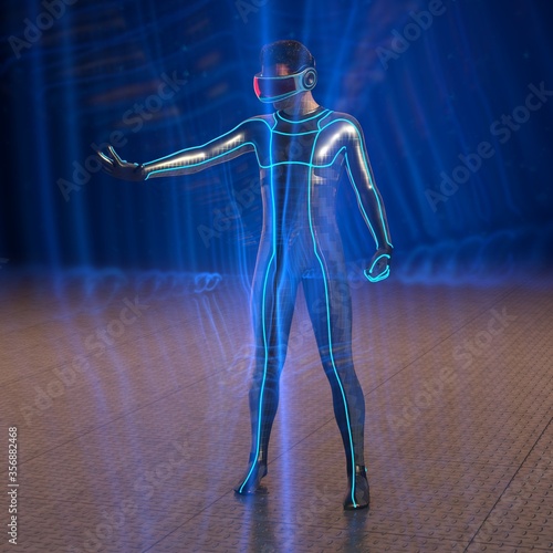 3d render of a man in a futuristic suit with VR goggles
