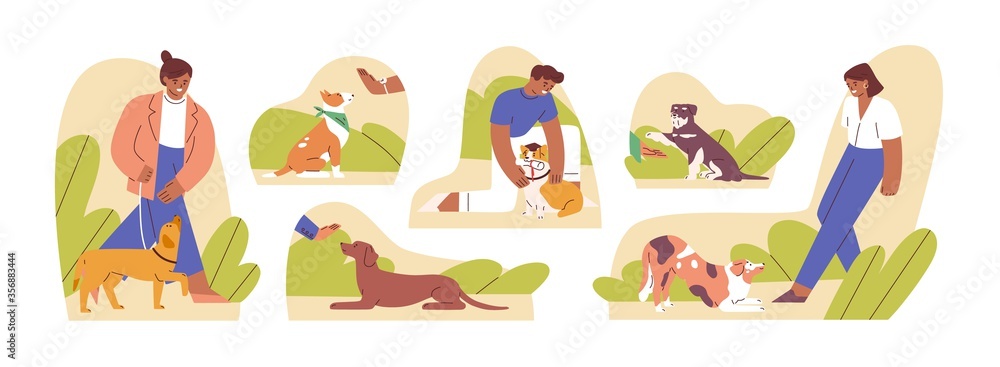 Set of woman and man teaching domestic animal vector flat illustration. Collection of caring owners and pets playing together, performing command isolated on white. Concept of dog training school