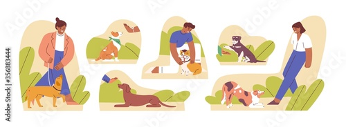 Set of woman and man teaching domestic animal vector flat illustration. Collection of caring owners and pets playing together, performing command isolated on white. Concept of dog training school