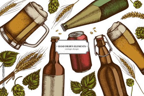 Colored elements design with rye, hop, mug of beer, bottles of beer, aluminum can