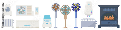 Collection of climate equipment for the home.Set of equipment for a comfortable climate in the house. Fans, air conditioners, radiators, water heaters, humidifiers, electric fireplaces are isolated.