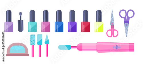 Set for women's manicure. Tools for hand care. Devices for female beauty. Vector illustration in flat style.