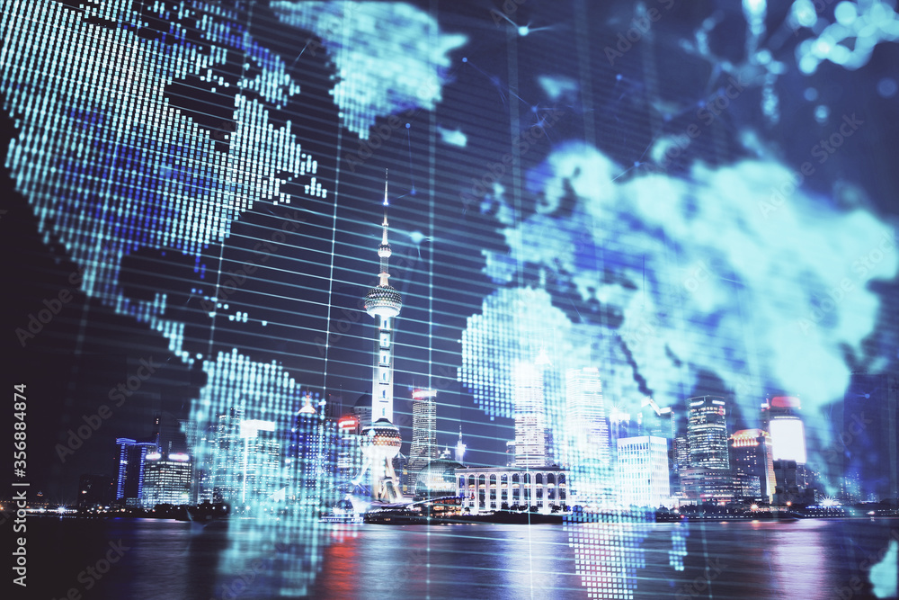 Double exposure of business theme hologram drawing and city veiw background. Concept of success. Double exposure of business theme hologram drawing and city veiw background. Concept of success.
