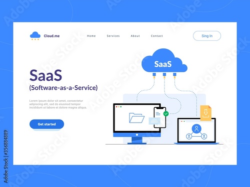 SaaS or Software as a Service landing page first screen. Remote online access to cloud application services scheme. photo