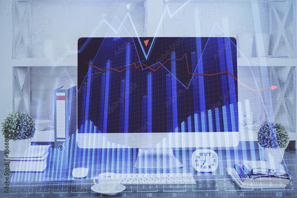 Forex graph hologram on table with computer background. Double exposure. Concept of financial markets. Forex graph hologram on table with computer background. Double exposure. Concept of financial markets.