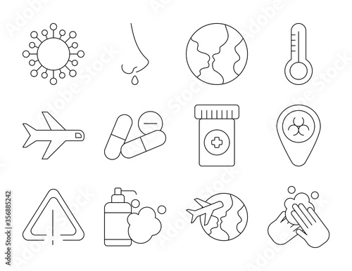 set of icons coronavirus protection, protective measures, coronavirus symptoms, line style icon