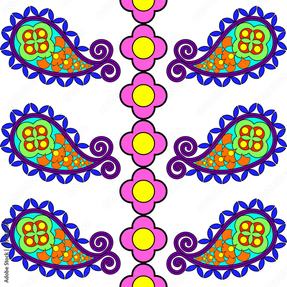 Turkish cucumber pattern with multicolored circles, triangles, and shapes on a white background
