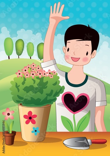 boy standing near flower pot and waving hand