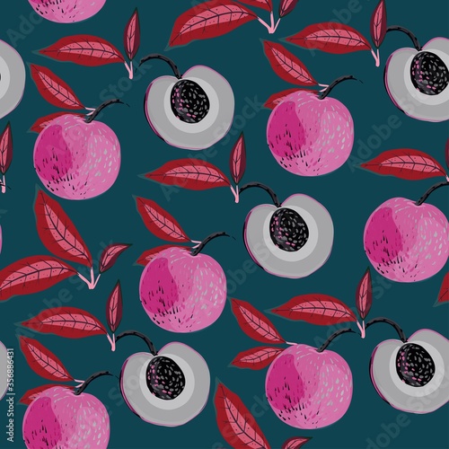 Fruits of peaches and apricot trees with green leaves on a light beige, pale pink background. Seamless vector floral pattern. Square repeating design for fabric and wallpaper