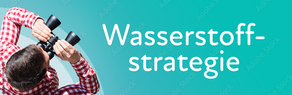 Naklejka premium Wasserstoffstrategie. Mann mit Fernglas aus Vogelperspektive. Beobachtung, Draufsicht, Panorama. Business Text auf blau. Statistik, Wirtschaft
