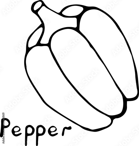 Vector illustration of a pepper in the Doodle style, hand-drawn black outline on a white background with the text "Pepper". Can be used for paper, textiles, fabrics, books, paper Wallpaper