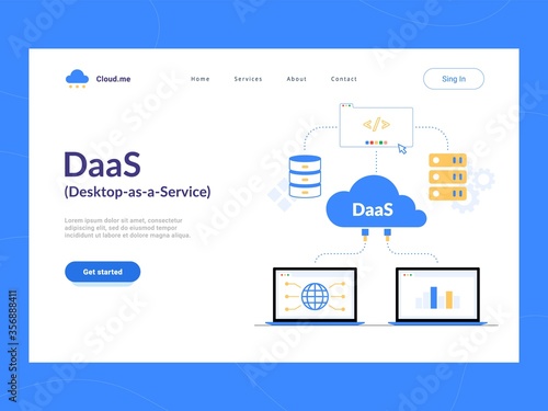 DaaS: Desktop as a Service landing page first screen. Virtual Desktop or Desktop Virtualization cloud computing scheme.