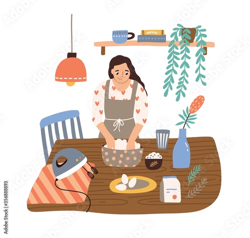 Smiling housewife cooking at cozy kitchen vector flat illustration. Happy domestic woman in apron mixing ingredients preparing dough isolated on white background. Joyful female preparation food