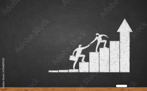 Business assistance. Helping hand entrepreneur. Infographics growth progress. Help grow. Concept assistance. Business assistant. Vector silhouette men. Assist move forward. Effort achievement. Helping