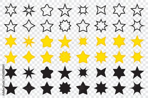Set of star icons in different shapes. Line icons of stars. Golden star icons. Big collection of star icons. Vector star icons