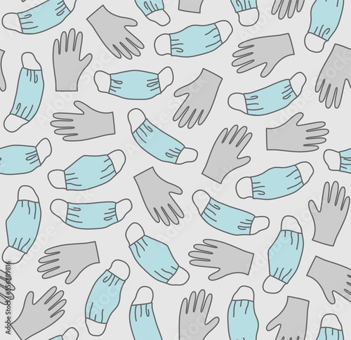 Masks and gloves, virus, protection, seamless pattern, color, gray. Grey gloves and blue medical masks on a grey background. Illustration. Vector.  
