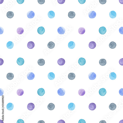 Watercolor seamless pattern of colorful watercolor hand painted circle isolated on white. Round spots, drops of sky blue and violet colors. Perfect for wrapping paper, print, packaging, wallpapers