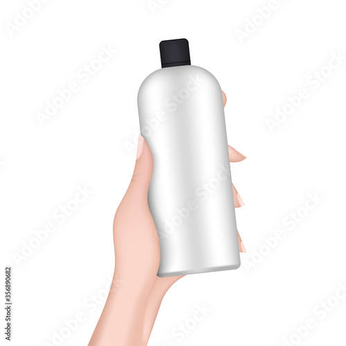 Hand holds a plastic bottle. Realistic female hand with a bottle. Good for shampoo or shower gel. Isolated. Vector.