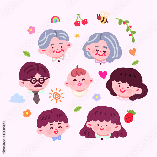 귀여운 대가족 얼굴 일러스트 벡터
