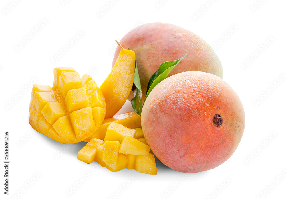 Mango fruit with mango cubes and slices. Isolated on a white background. Clipping Path.