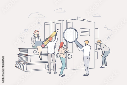 Document, business, accounting, search, teamwork concept. Team of businessmen women coworkers clerks managers accountants cartoon characters searching book documentation and specification requirements