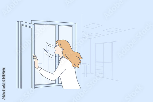 Airing, isolation, coronavirus, healthcare, 2019ncov concept. Woman or girl bringing fresh air in room apartment. Personal hygiene and precautionary preventive measures for avoidance covid19 infection