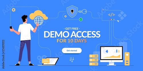 Get free demo access to SaaS, PaaS or IaaS promotional advertising banner. Man looking on cloud computing services scheme and get started CTA button. Optimization of business process for enterprises.