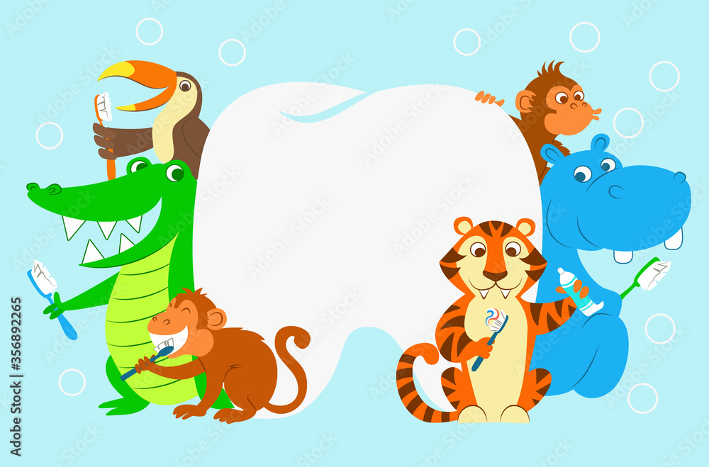 Vector illustration of tiger, hippo, crocodile, toucan, monkeys brushing their teeth. Placard with plase for text Vector illustration of tiger, hippo, crocodile, toucan, monkeys brushing their teeth. Placard with plase for text