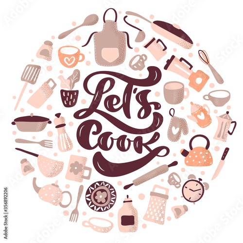 Greeting card with Lets cook calligraphy lettering vector text for food blog kitchen. Hand drawn cute quote design cooking scandinavian element. For restaurant, cafe menu or banner, poster