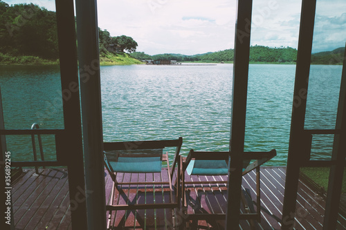 bench at the lake at Kanchanaburi Province  Thailand