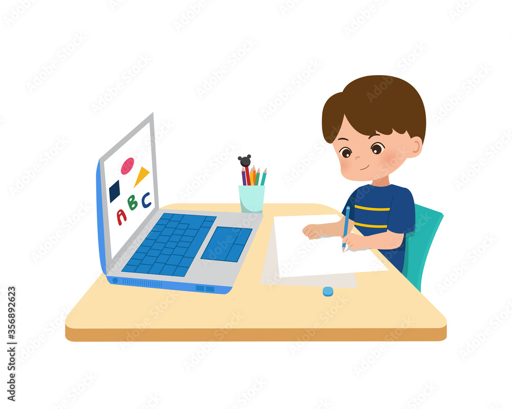 Kids home schooling concept. Online education at home in the middle of corona pandemic. Little boyusing laptop for online school in New normal era. Flat style vector isolated on white background. Kids home schooling concept. Online education at home in the middle of corona pandemic. Little boyusing laptop for online school in New normal era. Flat style vector isolated on white background.
