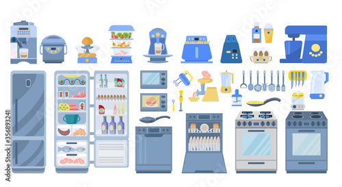 Kitchenware, Kitchen utensils.Collection of home appliances icons.Vector set of refrigerator, microwave, dishwasher, stove and utensils.Vector illustration in flat style.isolated on white background.