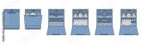 Home appliances isolated on a white background.  Dishwasher with open, closed doorempty, with dishes. Modern household appliance for washing utensil, dishware. Flat cartoon style vector illustration.
