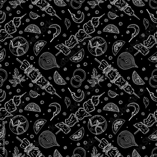 Seamless pattern with street food elements on black background.