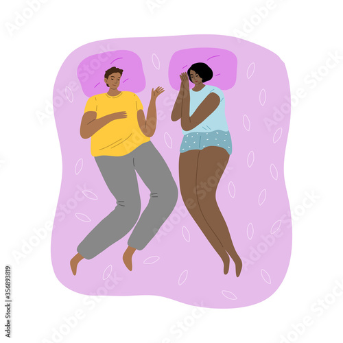 Young couple sleeping in bed at home on purple linen