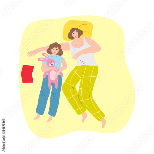 Mother and daughter sleeping in one bed at home on yellow linen together