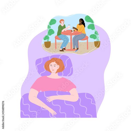 Girl slepping and seing herself drinking coffee with friend in night dream