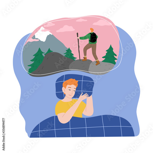 Boy slepping and seing himself traveling in mountains in night dream