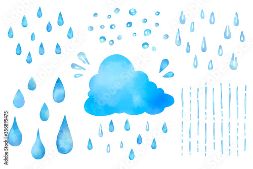 かわいい雲と雨のしずくの水彩ベクターイラストのセット