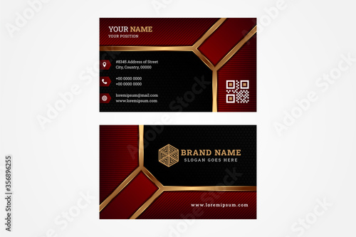 modern creative business card or name card,horizontal layout, simple, clean,  template vector design with gold, black and red gradient colors. hexagon and line pattern. Abstract geometric concept.