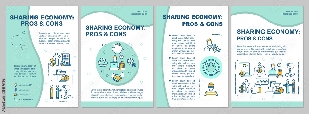 Sharing economy pros and cons brochure template. P2P model advantages flyer, booklet, leaflet print, cover design with linear icons. Vector layouts for magazines, annual reports, advertising posters