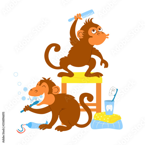 Vector Illustration of tow monkeys brushing teeth and brushing their hair in the morning. Good example for children. Healthy living rules. 